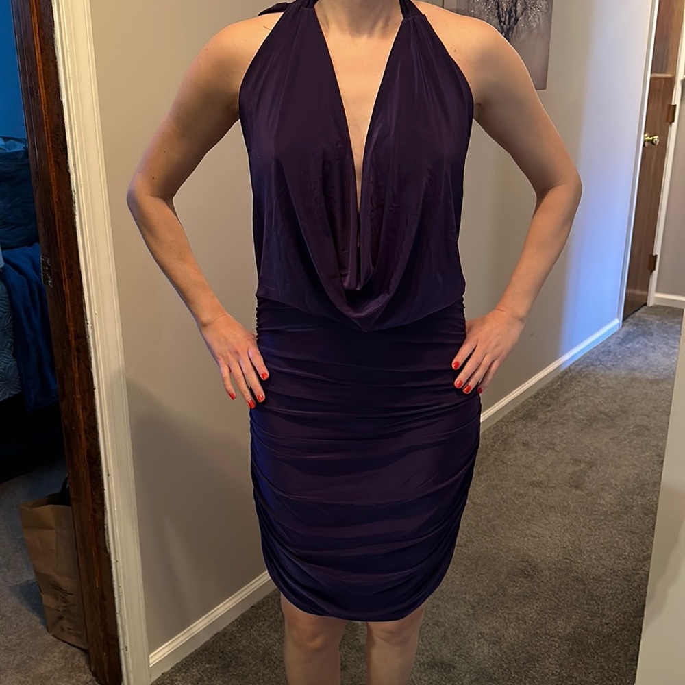 Juniors purple low v backless mini